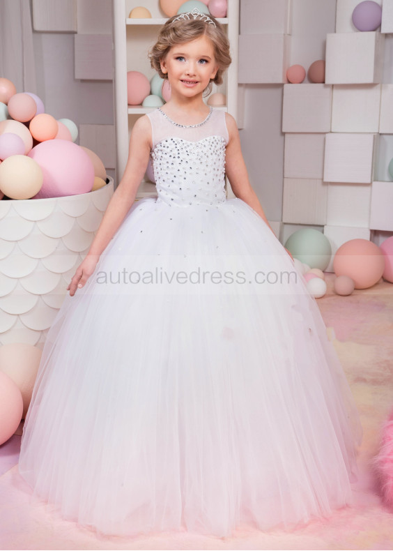 Beaded White Tulle Floor Length Puffy Flower Girl Dress Beaded White Tulle Floor Length Puffy Flower Girl Dress